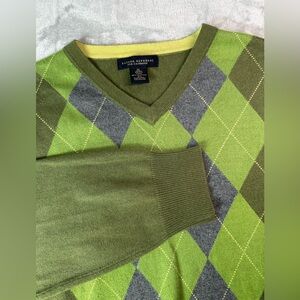 Banana Republic Sweater Mens XL Green Argyle Silk Cashmere Blend V Neck Pullover